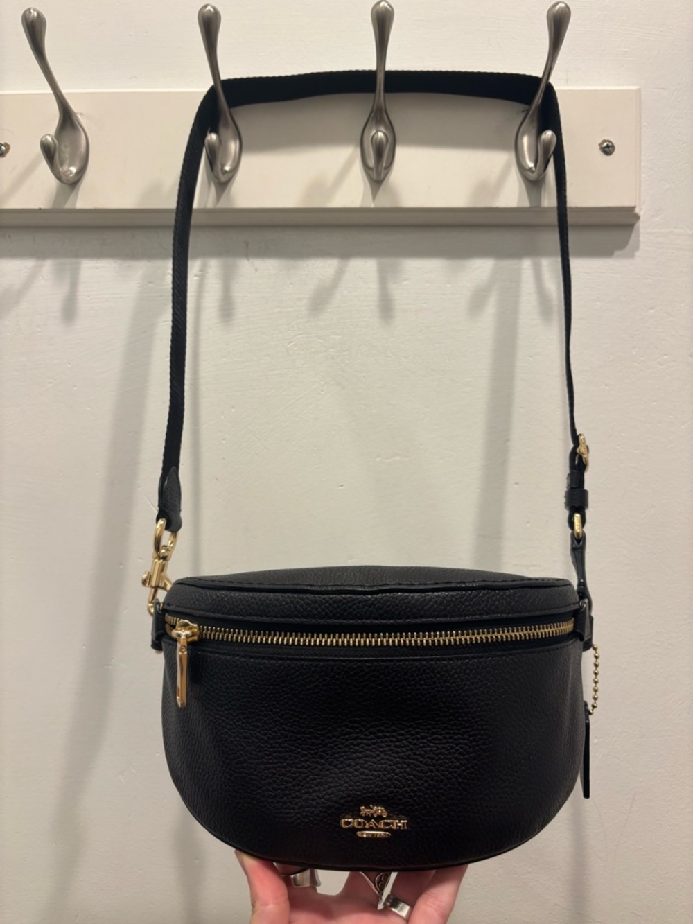 Coach Black Leather Crossbody Belt Bag with Gold Hardware